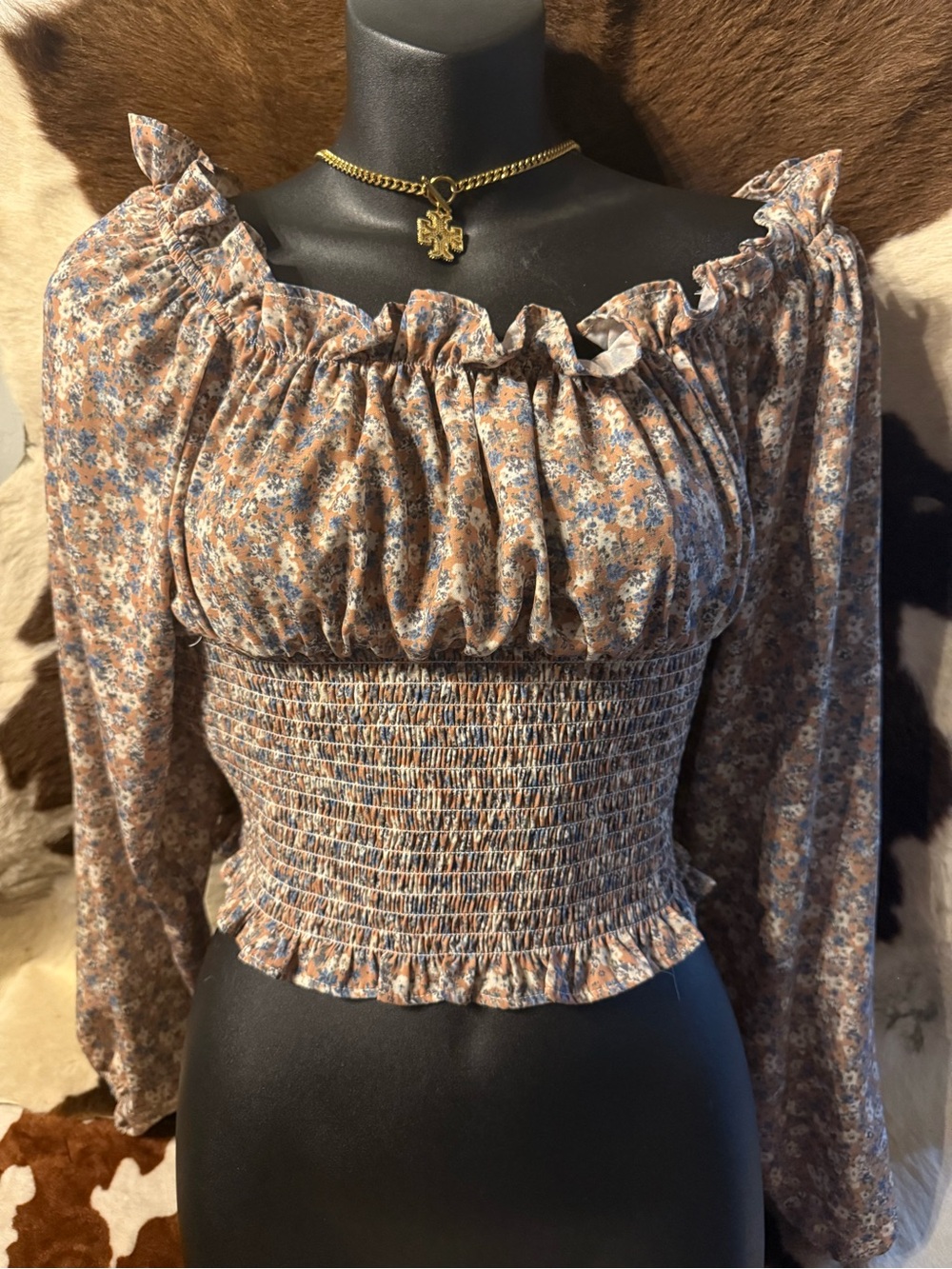 Smocked Floral Off-Shoulder Blouse in Taupe and Blue